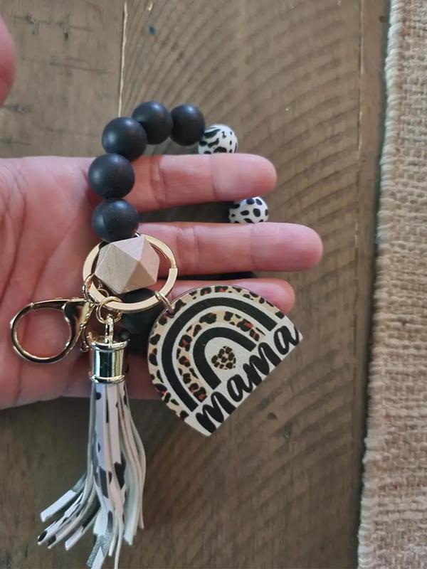 Boho Style Tassel Design Beaded Bracelet Keychain, Trendy Elegant Leopard Graphic Key Holder & Key Fob for Car Key, Chic Accessories As Exquisite Gift