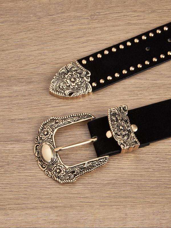 Women's Vintage Rivet & Flower Decor Western Belt, Fashionable Synthetic Leather Belt for Daily Clothing Decor, Trendy All-match & Exquisite Belt for Birthday Gift