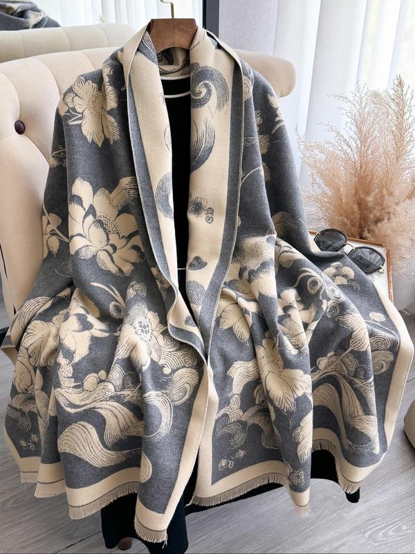 Floral Print Tassel Decor Shawl, Casual Soft Warm Double Sided Scarf for Fall & Winter, Fashion Accessories for Women & Men