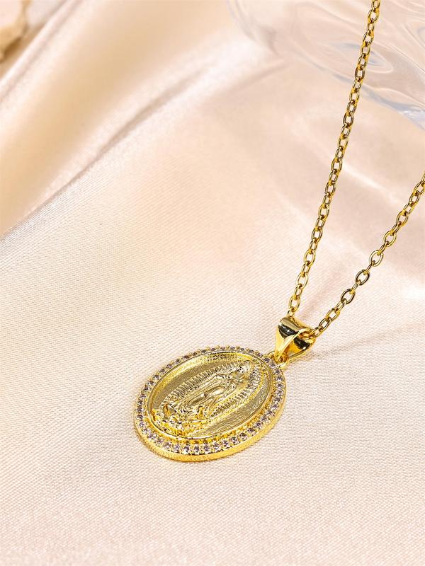 Retro Elegant Stainless Steel Pendant Necklace, Rhinestone Decorated Round Charm Virgin Mary Hanging Necklace, Fashion Rhinestone Decor Jewelry Accessories for Women As Gift