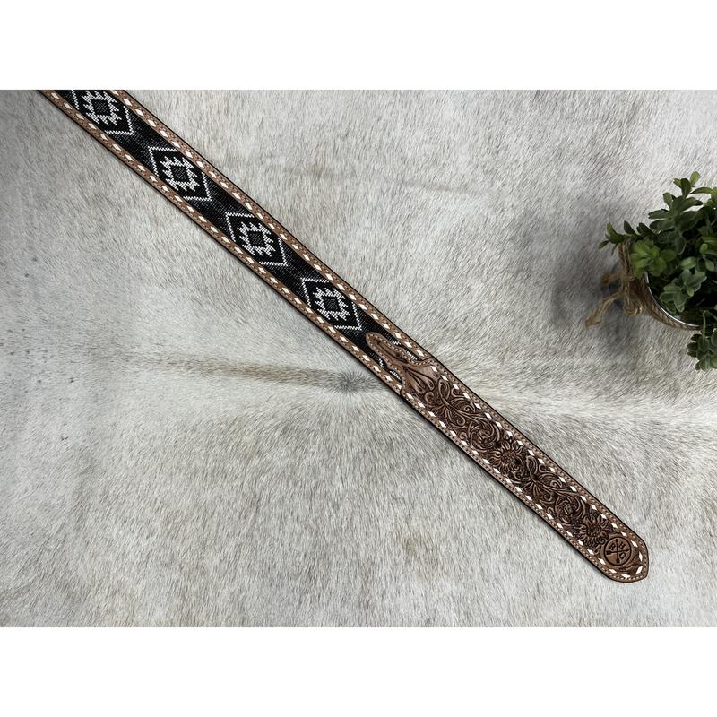 Men Wester Aztec Full Beaded  2 Inch Belt- Black