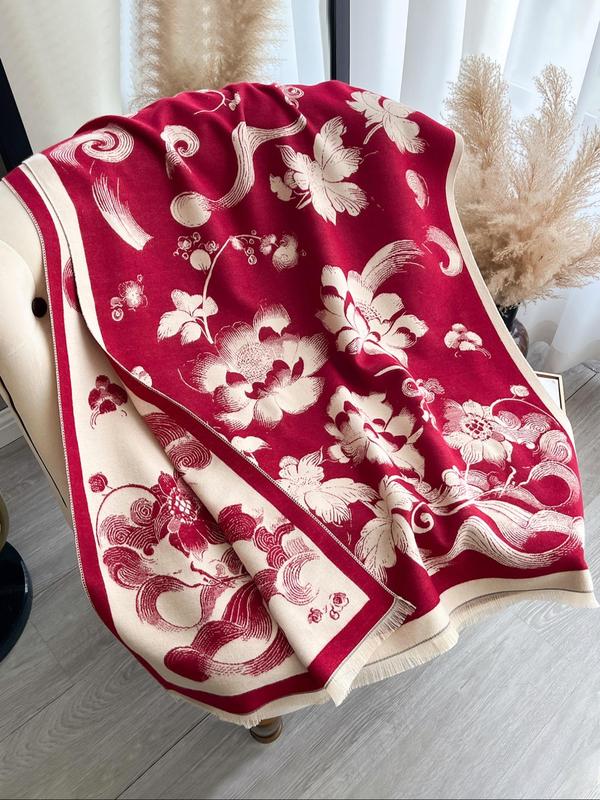 Floral Print Tassel Decor Shawl, Casual Soft Warm Double Sided Scarf for Fall & Winter, Fashion Accessories for Women & Men