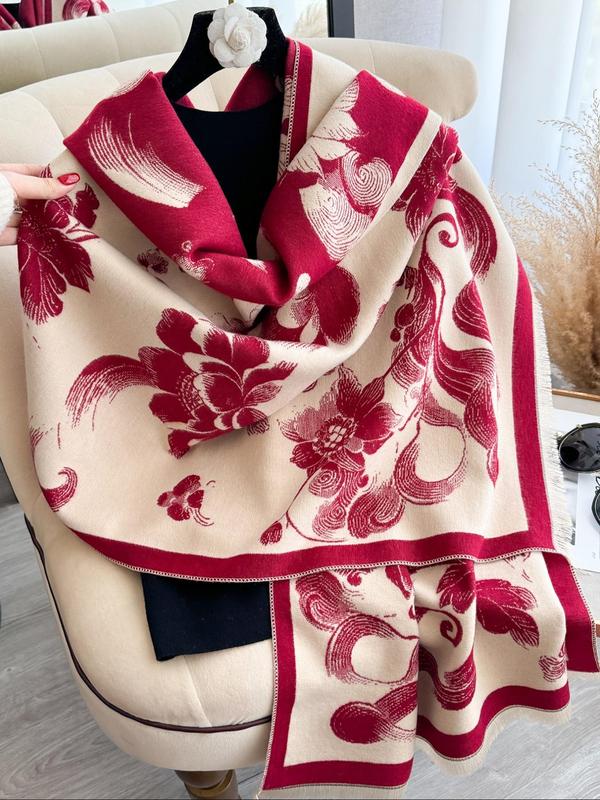 Floral Print Tassel Decor Shawl, Casual Soft Warm Double Sided Scarf for Fall & Winter, Fashion Accessories for Women & Men