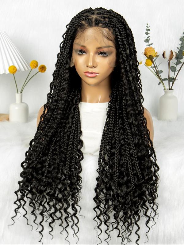 32 Inch Black Long Braided Lace Wigs for Women, Glueless Wigs, Gorgeous Fluffy Wigs with Baby Hair Bangs, Synthetic Braided Lace Wigs for Party, Daily Use Braids Hairstyles