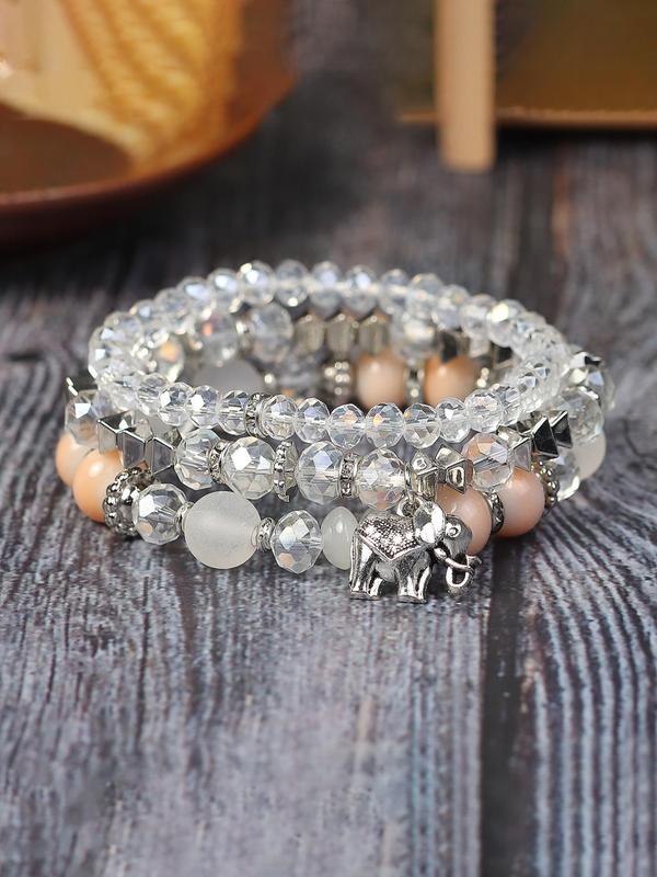 3pcs set Boho Style Elephant Decor Bracelet, Adjustable Multi-layer Beaded Bracelet Set, Fashion Jewelry For Women & Men