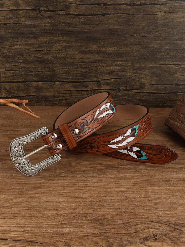 Western Style Feather Pattern Carved Buckle Belt, Fashionable Pu Leather Belt for Women & Men, Casual Waistband for Jeans Trousers