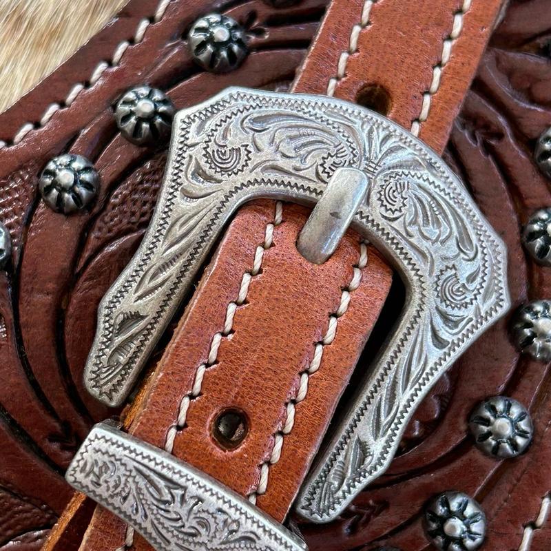 Pair of Mens Size Tooled Leather Western Spur Straps Engraved Silver Hardware