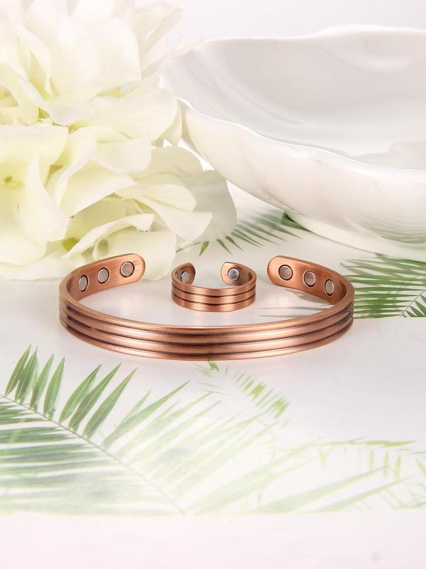 Copper Magnetic Open Bangle Bracelet & Ring Set, Adjustable Bracelet & Open Ring, Fashion Accessories for Men & Women