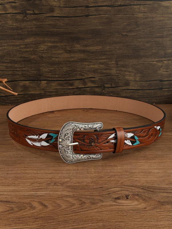 Western Style Feather Pattern Carved Buckle Belt, Fashionable Pu Leather Belt for Women & Men, Casual Waistband for Jeans Trousers