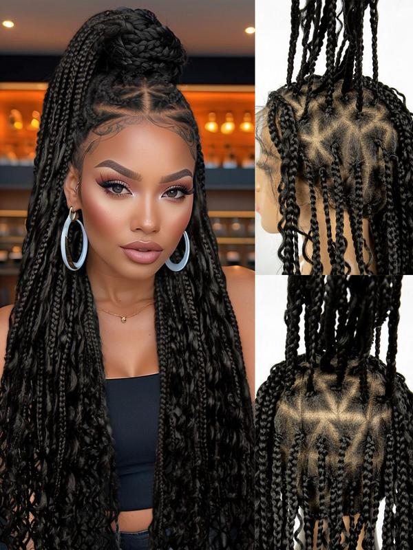 32 Inch Black Long Braided Lace Wigs for Women, Glueless Wigs, Gorgeous Fluffy Wigs with Baby Hair Bangs, Synthetic Braided Lace Wigs for Party, Daily Use Braids Hairstyles