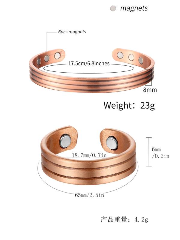 Copper Magnetic Open Bangle Bracelet & Ring Set, Adjustable Bracelet & Open Ring, Fashion Accessories for Men & Women