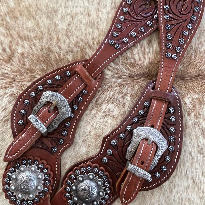 Pair of Mens Size Tooled Leather Western Spur Straps Engraved Silver Hardware