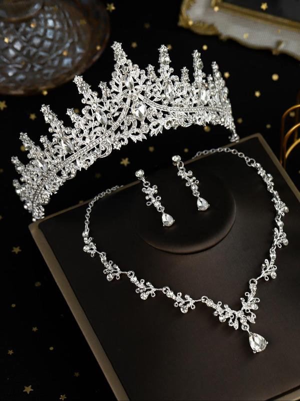 4pcs set Women's Elegant Rhinestone Decorated Crown & Dangle Earrings & Pendant Necklace, Wedding Bridal Jewelry Set, Luxury Wedding Crown, Fashion Jewelry for Party, Daily Clothing Decor for Girl