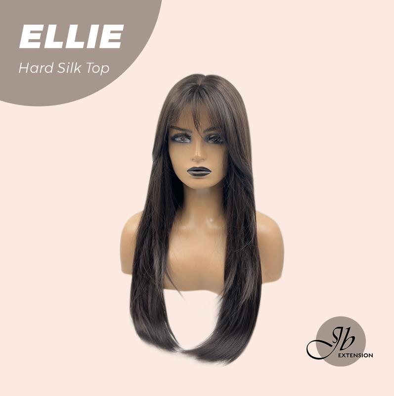 JBEXTENSION 26 Inches Tea Black Darkest Brown Wolf Cut 3.5X4 Hard Silky Top Natural Scalp Effect Wig With Bangs ELLIE SILK TOP