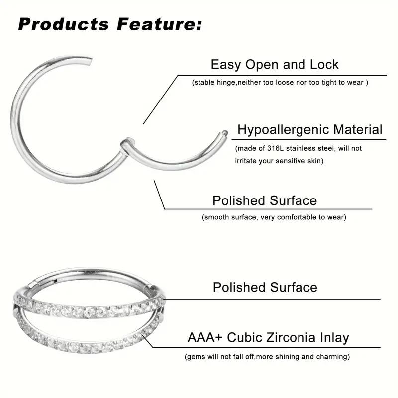 16G Hinged Segment Nose Hoop Ring, Hypoallergenic 316L Stainless Steel, Cubic Zirconia Accents for Daily Wear & Parties, Elegant Trendy Hoop Nose Ring, Fashionable Nose Piercing Body Jewelry, Nose Ring for Women & Men, Elegant Jewelry for Birthday Gift