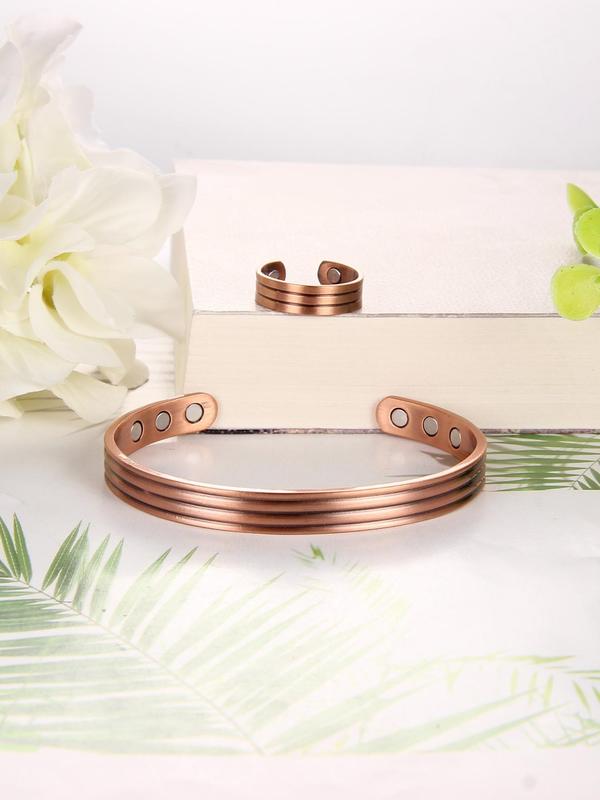 Copper Magnetic Open Bangle Bracelet & Ring Set, Adjustable Bracelet & Open Ring, Fashion Accessories for Men & Women