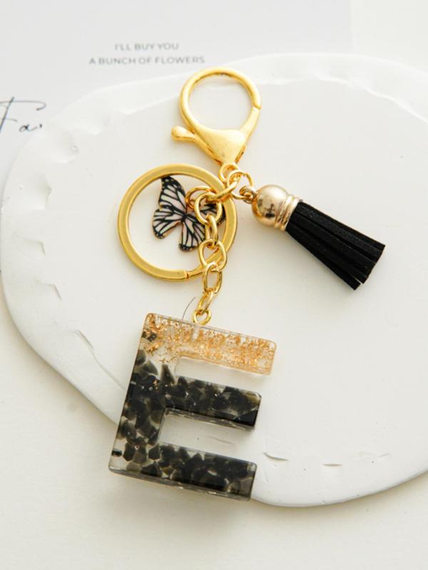 Letter Butterfly Detail Design Tassel Keychain, Creative Color Matching Resin Keychain for Women and Girls, Elegant Fashion Accessories, Bag Decoration, Personalized Holiday Gift