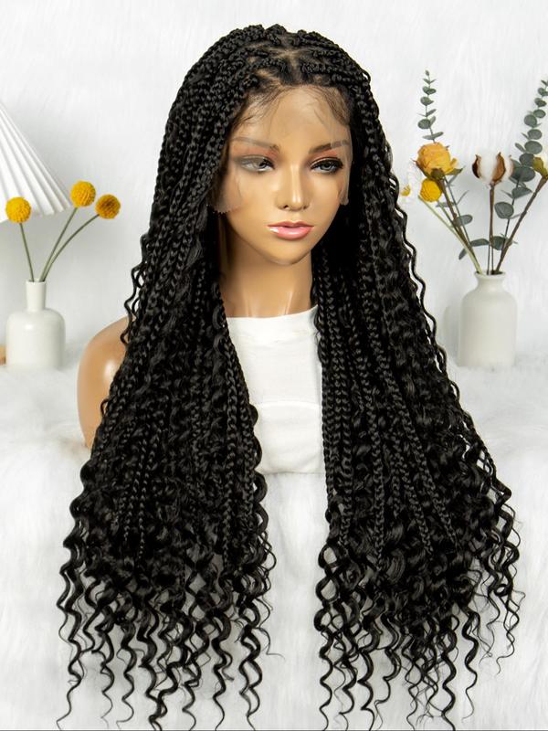 32 Inch Black Long Braided Lace Wigs for Women, Glueless Wigs, Gorgeous Fluffy Wigs with Baby Hair Bangs, Synthetic Braided Lace Wigs for Party, Daily Use Braids Hairstyles