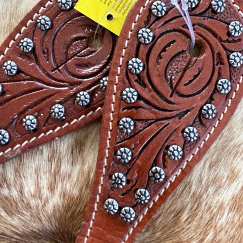 Pair of Mens Size Tooled Leather Western Spur Straps Engraved Silver Hardware