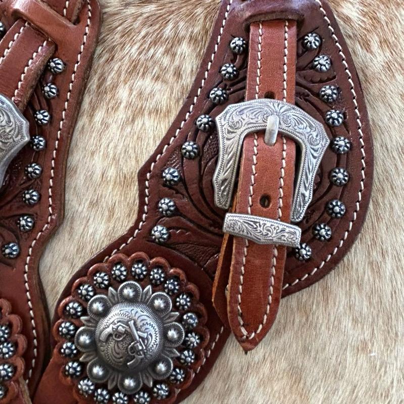 Pair of Mens Size Tooled Leather Western Spur Straps Engraved Silver Hardware