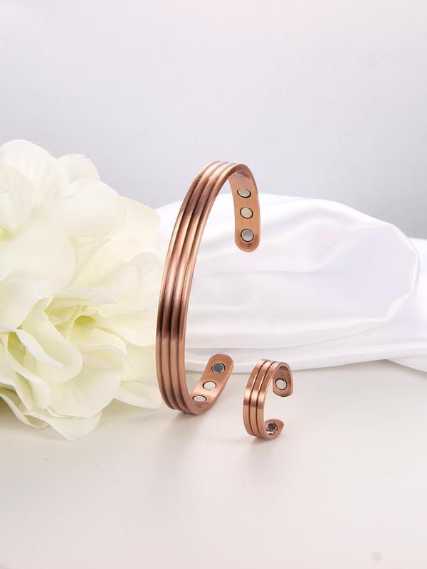 Copper Magnetic Open Bangle Bracelet & Ring Set, Adjustable Bracelet & Open Ring, Fashion Accessories for Men & Women