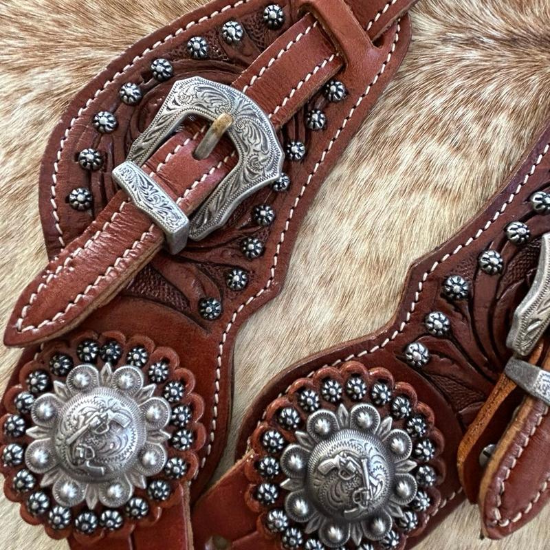 Pair of Mens Size Tooled Leather Western Spur Straps Engraved Silver Hardware