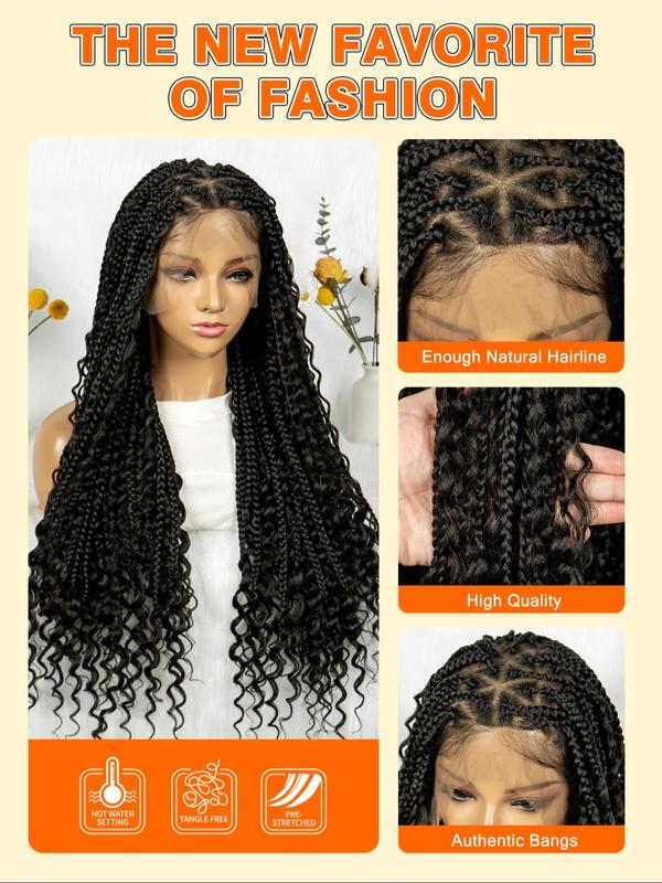 32 Inch Black Long Braided Lace Wigs for Women, Glueless Wigs, Gorgeous Fluffy Wigs with Baby Hair Bangs, Synthetic Braided Lace Wigs for Party, Daily Use Braids Hairstyles