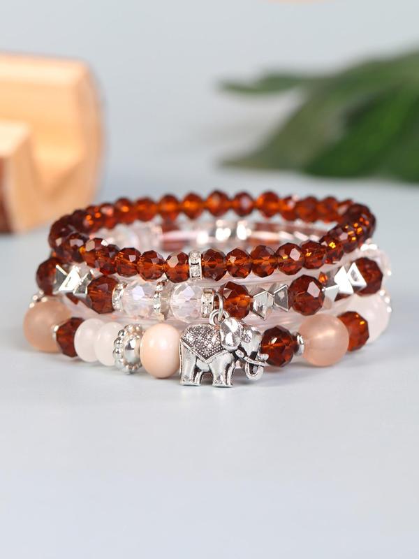 3pcs set Boho Style Elephant Decor Bracelet, Adjustable Multi-layer Beaded Bracelet Set, Fashion Jewelry For Women & Men