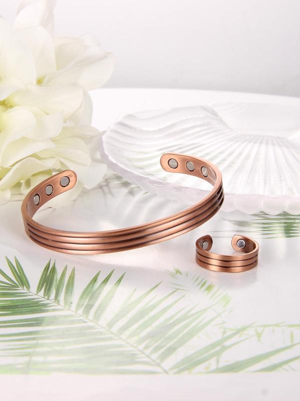 Copper Magnetic Open Bangle Bracelet & Ring Set, Adjustable Bracelet & Open Ring, Fashion Accessories for Men & Women