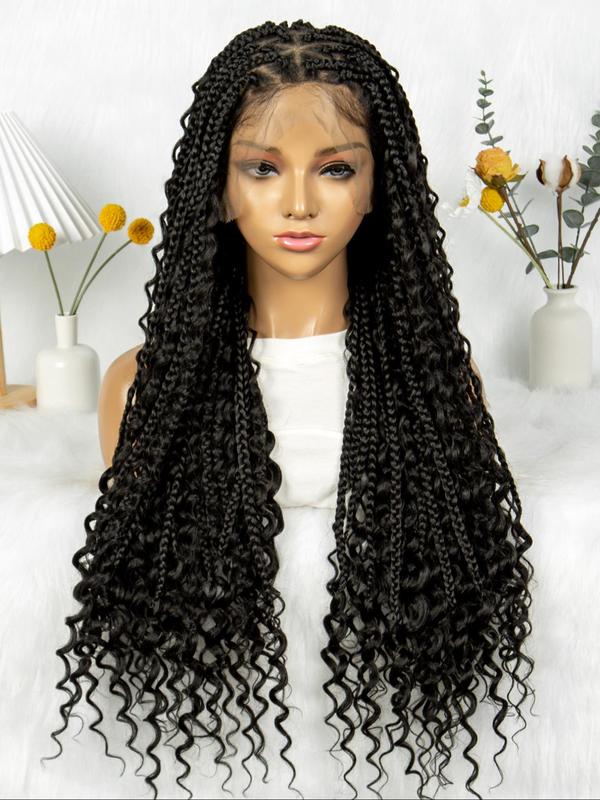 32 Inch Black Long Braided Lace Wigs for Women, Glueless Wigs, Gorgeous Fluffy Wigs with Baby Hair Bangs, Synthetic Braided Lace Wigs for Party, Daily Use Braids Hairstyles