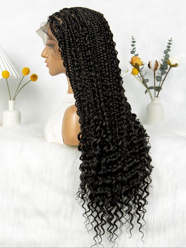 32 Inch Black Long Braided Lace Wigs for Women, Glueless Wigs, Gorgeous Fluffy Wigs with Baby Hair Bangs, Synthetic Braided Lace Wigs for Party, Daily Use Braids Hairstyles