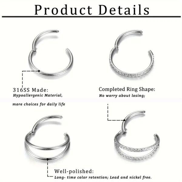 16G Hinged Segment Nose Hoop Ring, Hypoallergenic 316L Stainless Steel, Cubic Zirconia Accents for Daily Wear & Parties, Elegant Trendy Hoop Nose Ring, Fashionable Nose Piercing Body Jewelry, Nose Ring for Women & Men, Elegant Jewelry for Birthday Gift