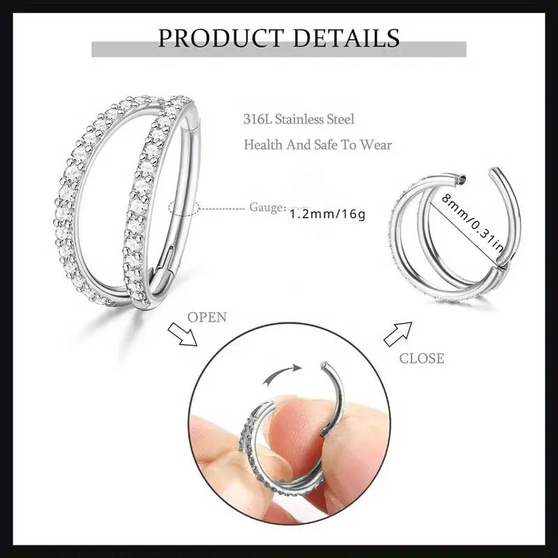 16G Hinged Segment Nose Hoop Ring, Hypoallergenic 316L Stainless Steel, Cubic Zirconia Accents for Daily Wear & Parties, Elegant Trendy Hoop Nose Ring, Fashionable Nose Piercing Body Jewelry, Nose Ring for Women & Men, Elegant Jewelry for Birthday Gift