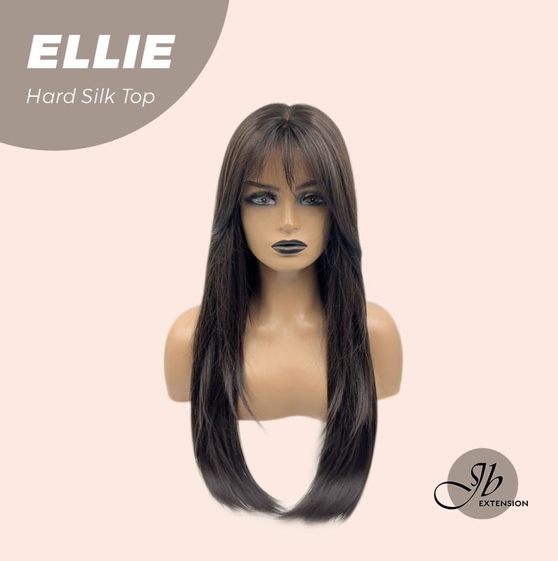 JBEXTENSION 26 Inches Tea Black Darkest Brown Wolf Cut 3.5X4 Hard Silky Top Natural Scalp Effect Wig With Bangs ELLIE SILK TOP