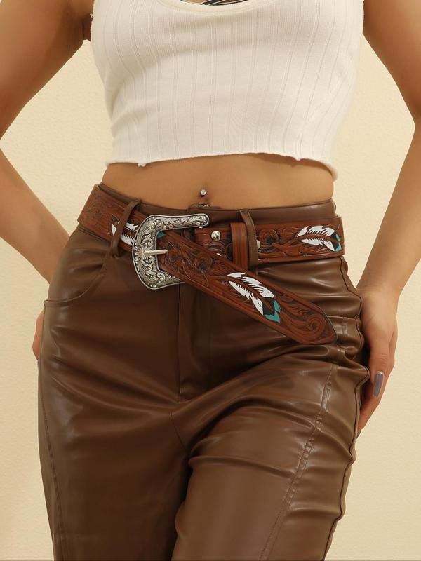 Western Style Feather Pattern Carved Buckle Belt, Fashionable Pu Leather Belt for Women & Men, Casual Waistband for Jeans Trousers