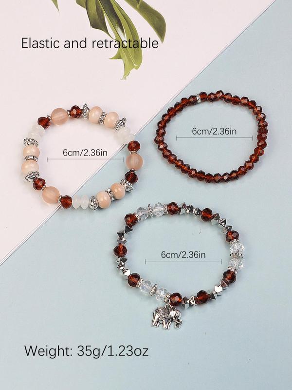 3pcs set Boho Style Elephant Decor Bracelet, Adjustable Multi-layer Beaded Bracelet Set, Fashion Jewelry For Women & Men