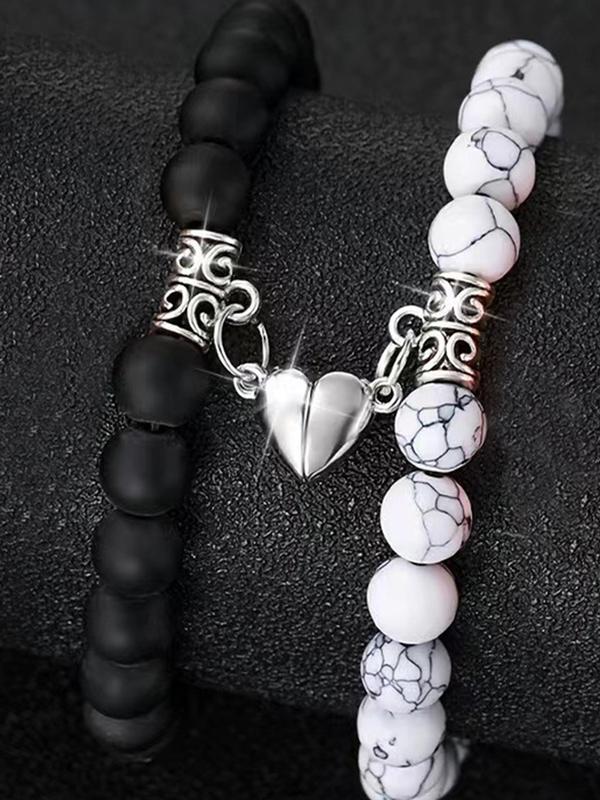 Couple Magnetic Heart Charm Beaded Bracelet, Fashionable Jewelry for Women & Men, Trendy All-match & Exquisite Jewelry for Birthday Gift