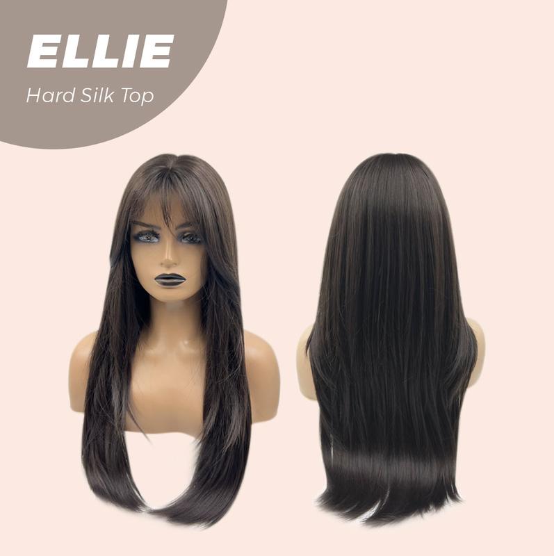 JBEXTENSION 26 Inches Tea Black Darkest Brown Wolf Cut 3.5X4 Hard Silky Top Natural Scalp Effect Wig With Bangs ELLIE SILK TOP