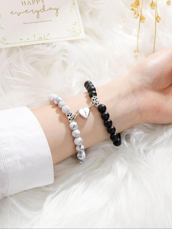 Couple Magnetic Heart Charm Beaded Bracelet, Fashionable Jewelry for Women & Men, Trendy All-match & Exquisite Jewelry for Birthday Gift