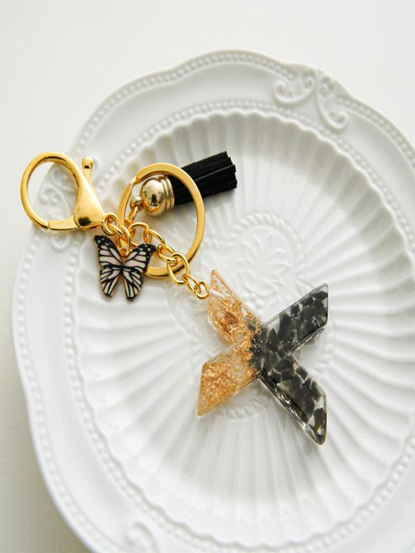 Letter Butterfly Detail Design Tassel Keychain, Creative Color Matching Resin Keychain for Women and Girls, Elegant Fashion Accessories, Bag Decoration, Personalized Holiday Gift