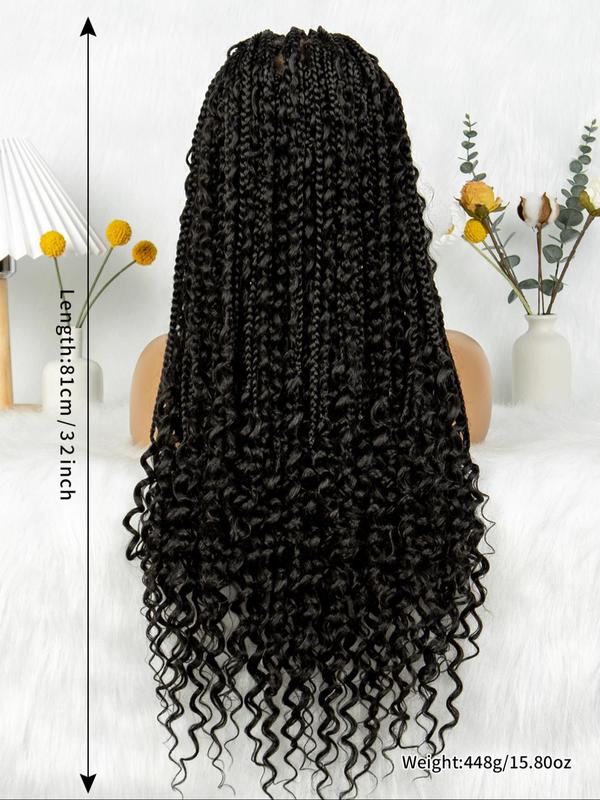 32 Inch Black Long Braided Lace Wigs for Women, Glueless Wigs, Gorgeous Fluffy Wigs with Baby Hair Bangs, Synthetic Braided Lace Wigs for Party, Daily Use Braids Hairstyles