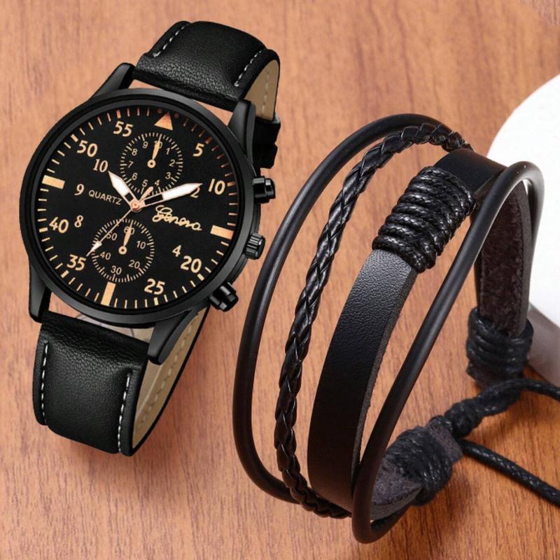 2pcs Simple Casual Digital Pointer Black Leather Men's Quartz Watch  Men's Fashion Leather Bracelet Jewelry Set Give Dad The Most Beautiful Gift For Father's Day