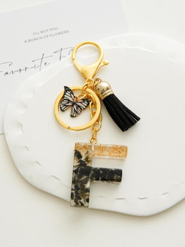 Letter Butterfly Detail Design Tassel Keychain, Creative Color Matching Resin Keychain for Women and Girls, Elegant Fashion Accessories, Bag Decoration, Personalized Holiday Gift