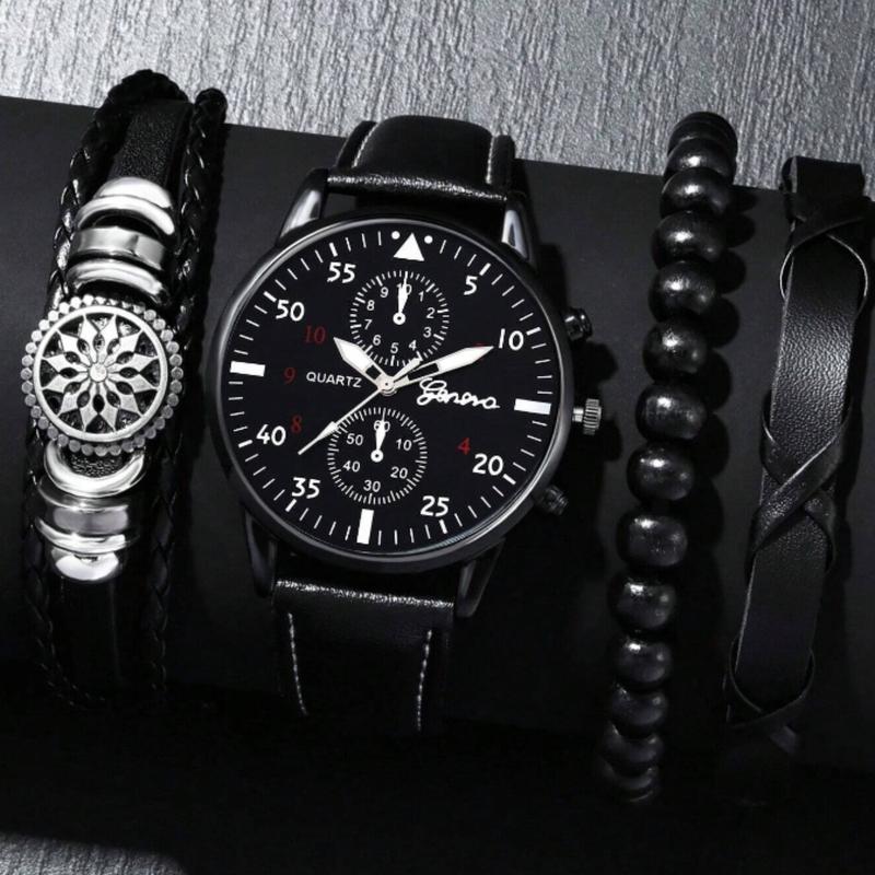 2pcs Simple Casual Digital Pointer Black Leather Men's Quartz Watch  Men's Fashion Leather Bracelet Jewelry Set Give Dad The Most Beautiful Gift For Father's Day