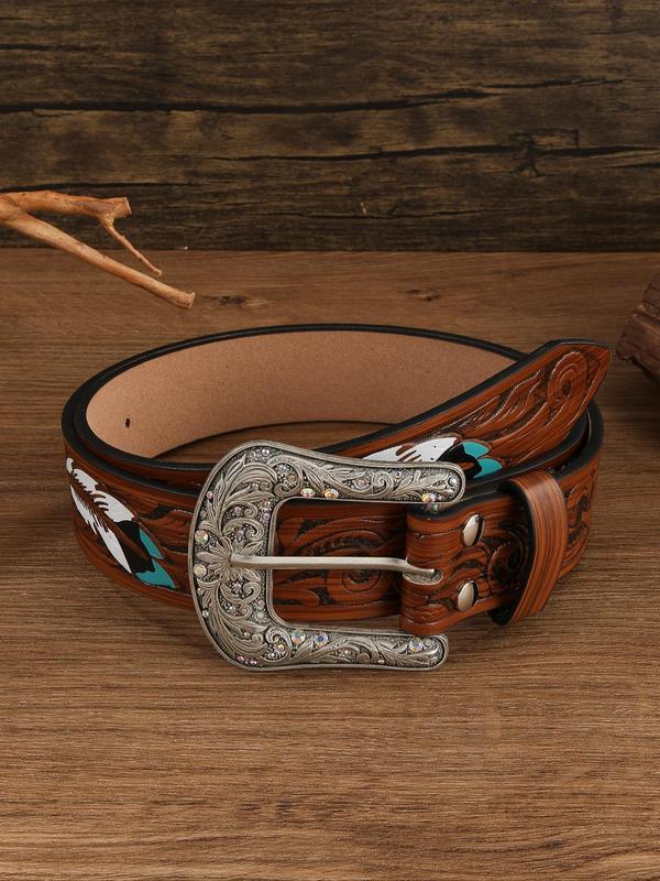 Western Style Feather Pattern Carved Buckle Belt, Fashionable Pu Leather Belt for Women & Men, Casual Waistband for Jeans Trousers