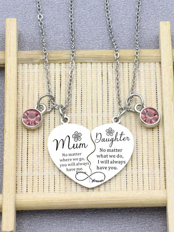 Mother & Daughter Necklace, 2 Counts Heart Design Pendant Necklace, Rhinestone Decor Matching Necklace for Women, Fashion Jewelry for Party, Daily Decor, Exquisite Jewelry for Birthday Gift