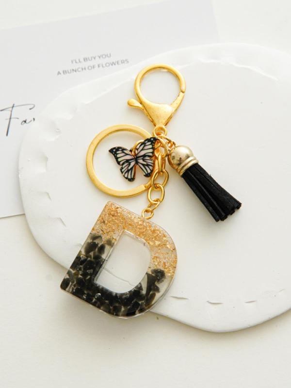 Letter Butterfly Detail Design Tassel Keychain, Creative Color Matching Resin Keychain for Women and Girls, Elegant Fashion Accessories, Bag Decoration, Personalized Holiday Gift