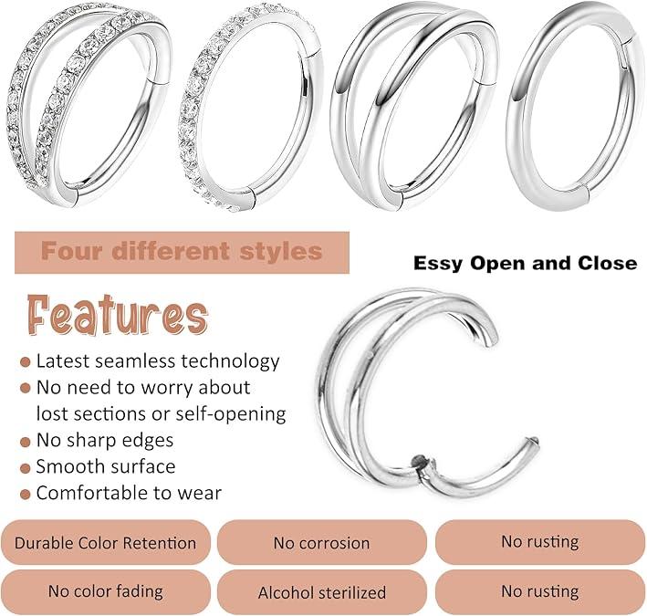 16G Hinged Segment Nose Hoop Ring, Hypoallergenic 316L Stainless Steel, Cubic Zirconia Accents for Daily Wear & Parties, Elegant Trendy Hoop Nose Ring, Fashionable Nose Piercing Body Jewelry, Nose Ring for Women & Men, Elegant Jewelry for Birthday Gift