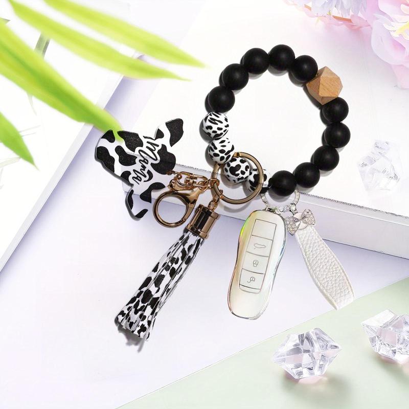 Cow Print Beaded Keychain, 1 Count Cute Silicone Beaded Keychain with Wooden Tag & Tassel, Car Interior Decoration Accessories for Women & Girls