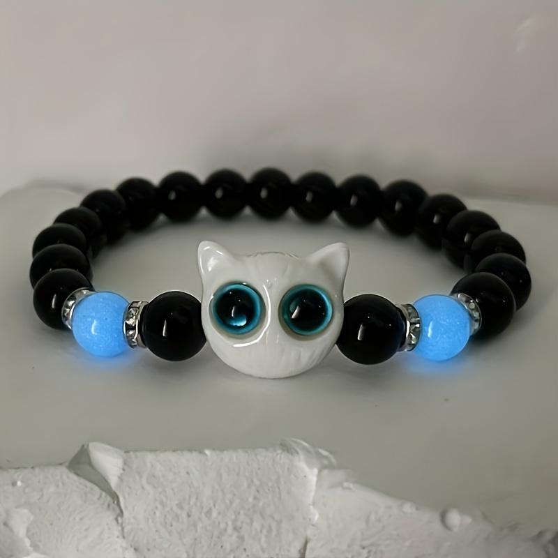 4 Pcs Glow-in-the-Dark Cat Jewelry Set - Luminous Beaded Bracelets & Multilayer Necklace, Vintage Boho Style, Adjustable Elastic Black Beads With Cute Cat Accents, Perfect For Couples Friendship Gifts